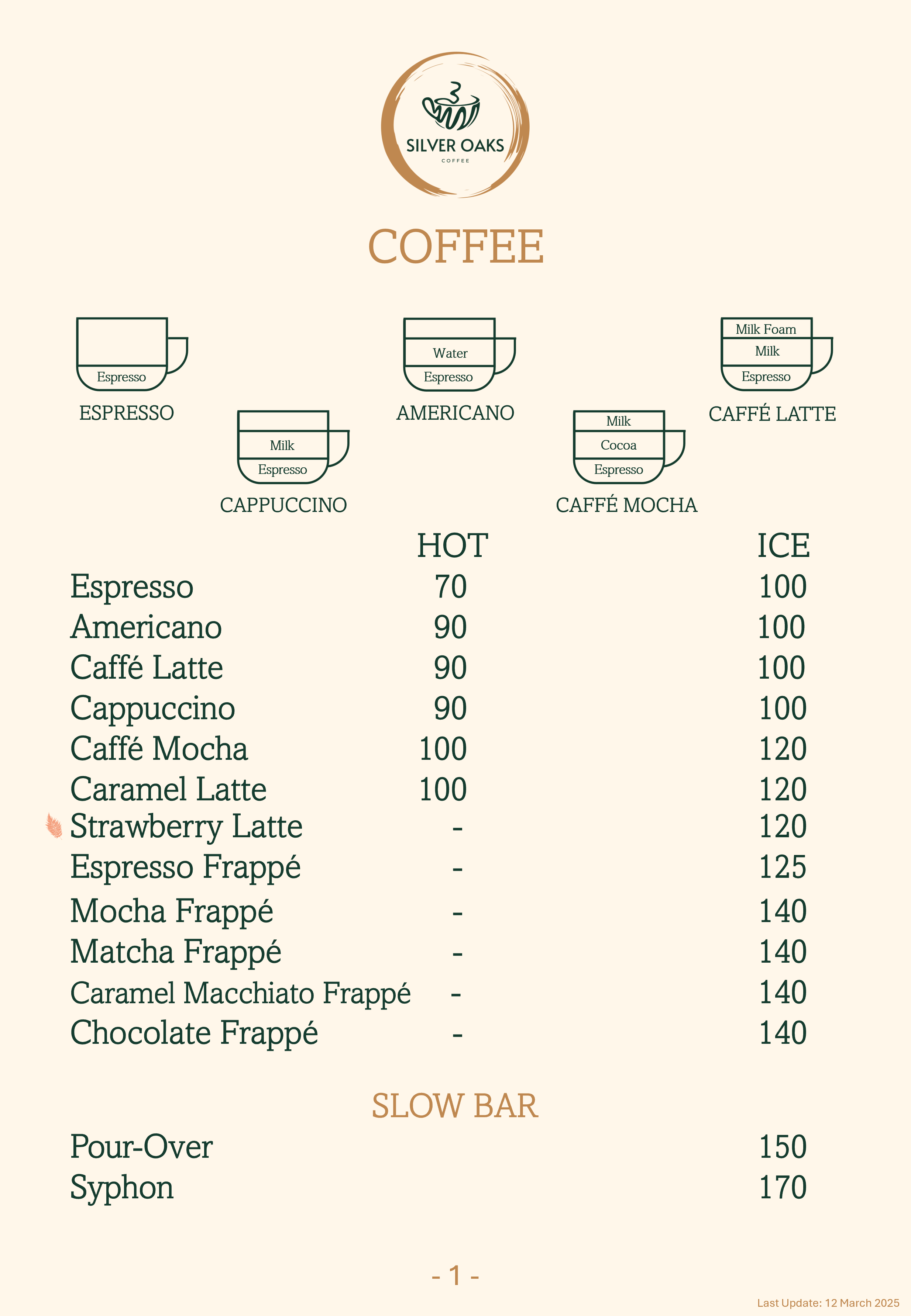 Silver Oaks Coffee Menu Page 1